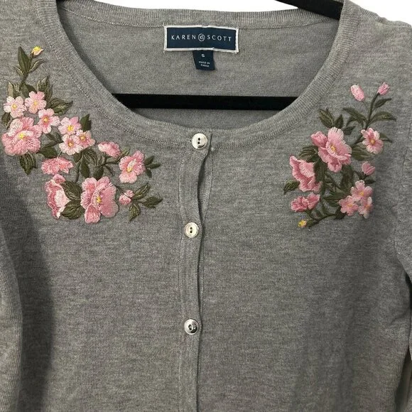 Karen Scott Cardigan Embroidered Size Small Women's Grey Sweater Size Small - Picture 3 of 6